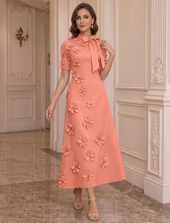 A-Line/Princess Mock Neck Stretch Satin Plus Size Mother of the Bride Dresses with 3D Flowers Short Sleeves Tea-Length Bowknot