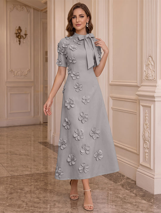 A-Line/Princess Mock Neck Stretch Satin Plus Size Mother of the Bride Dresses with 3D Flowers Short Sleeves Tea-Length Bowknot