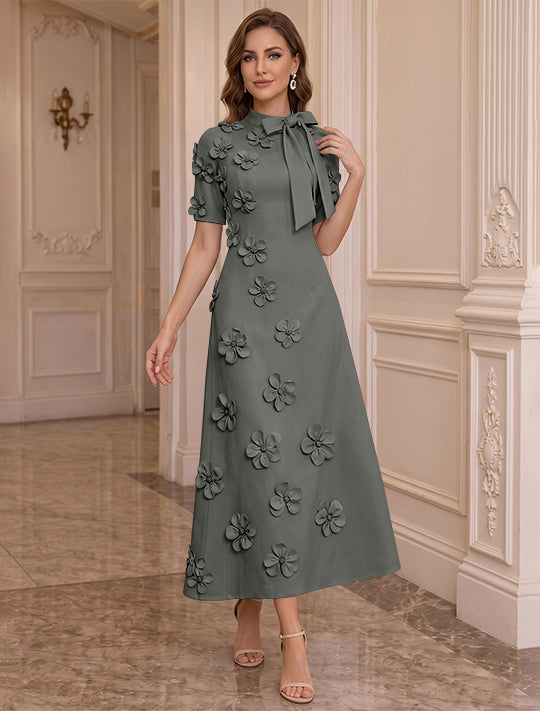 A-Line/Princess Mock Neck Stretch Satin Plus Size Mother of the Bride Dresses with 3D Flowers Short Sleeves Tea-Length Bowknot