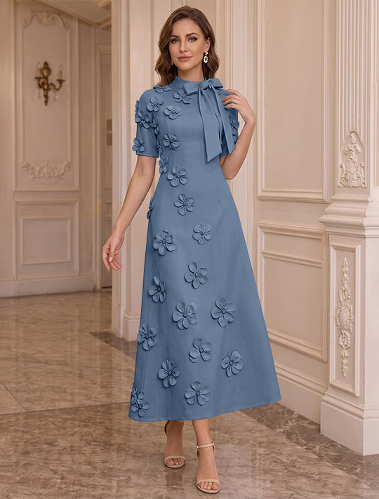 A-Line/Princess Mock Neck Stretch Satin Plus Size Mother of the Bride Dresses with 3D Flowers Short Sleeves Tea-Length Bowknot
