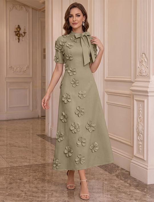 A-Line/Princess Mock Neck Stretch Satin Plus Size Mother of the Bride Dresses with 3D Flowers Short Sleeves Tea-Length Bowknot