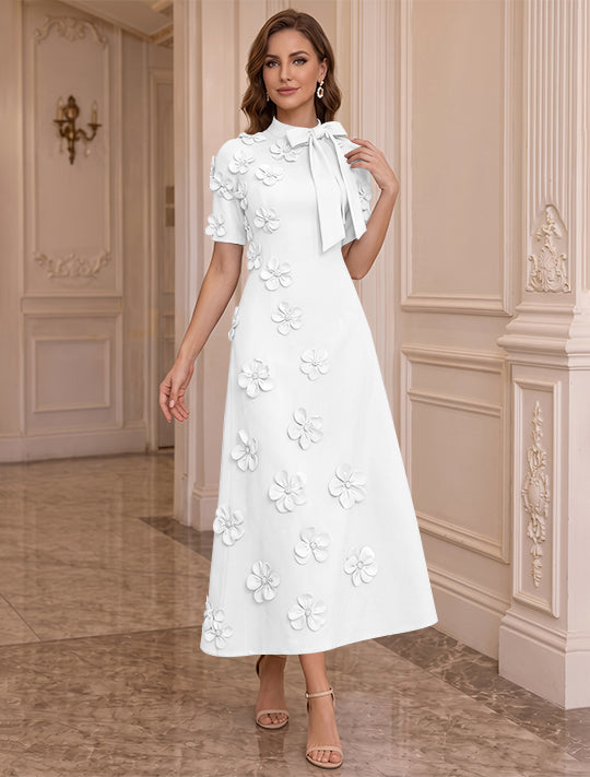 A-Line/Princess Mock Neck Stretch Satin Plus Size Mother of the Bride Dresses with 3D Flowers Short Sleeves Tea-Length Bowknot