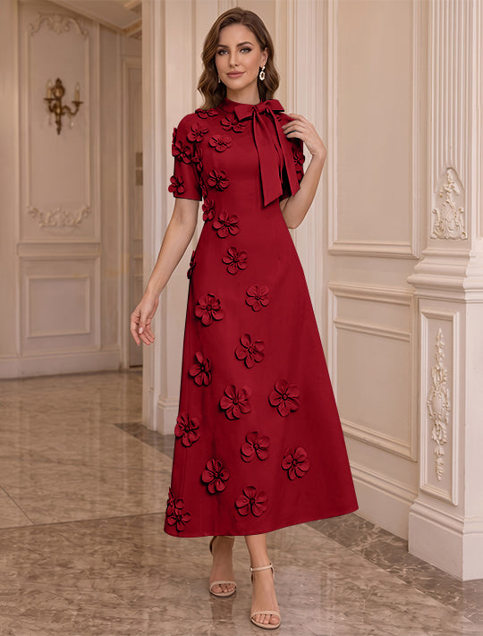 A-Line/Princess Mock Neck Stretch Satin Plus Size Mother of the Bride Dresses with 3D Flowers Short Sleeves Tea-Length Bowknot