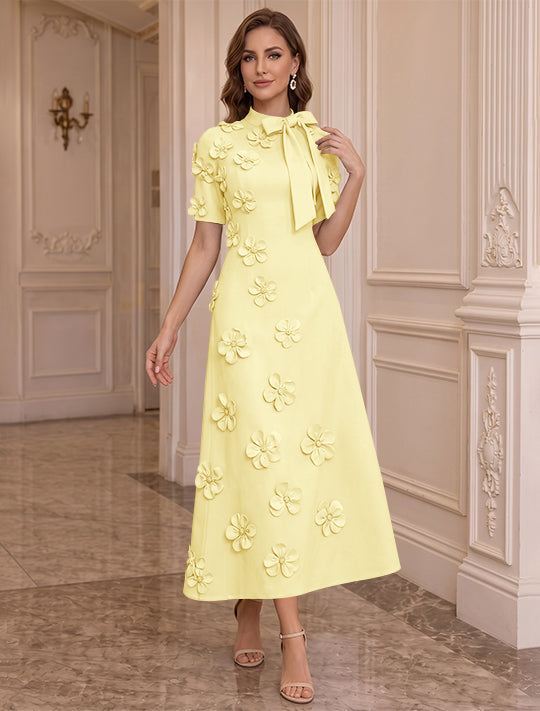 A-Line/Princess Mock Neck Stretch Satin Plus Size Mother of the Bride Dresses with 3D Flowers Short Sleeves Tea-Length Bowknot
