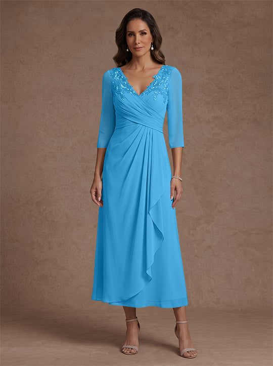 A-Line/Princess V-Neck Chiffon Mother of the Bride Dresses 3/4 Sleeves Lace Tea-Length With Pleated