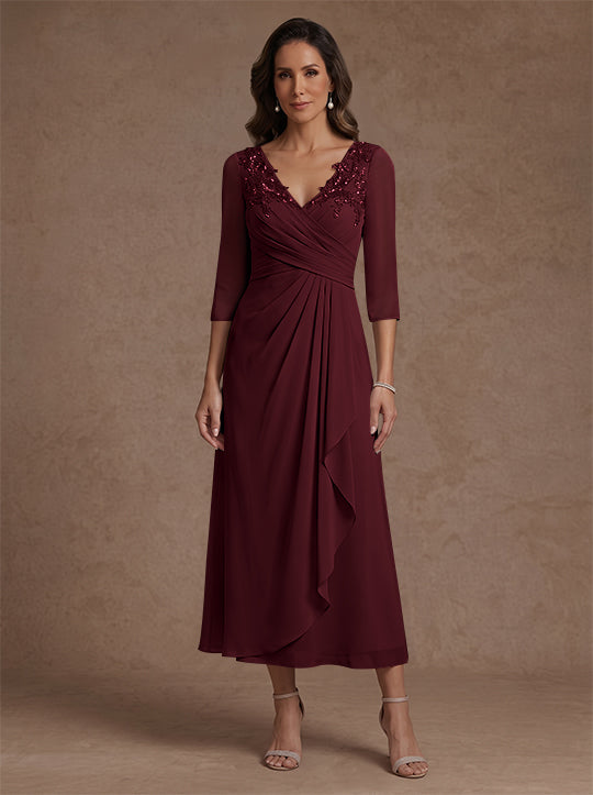 A-Line/Princess V-Neck Chiffon Mother of the Bride Dresses 3/4 Sleeves Lace Tea-Length With Pleated
