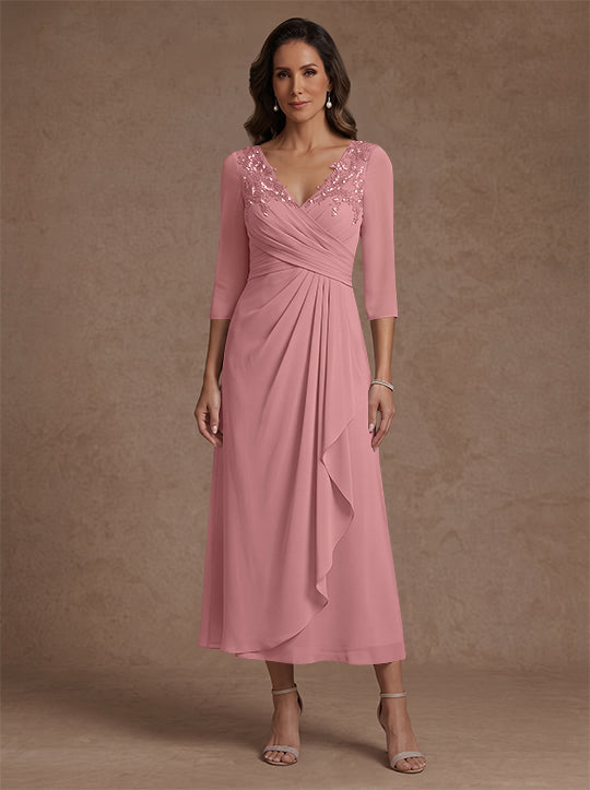 A-Line/Princess V-Neck Chiffon Mother of the Bride Dresses 3/4 Sleeves Lace Tea-Length With Pleated