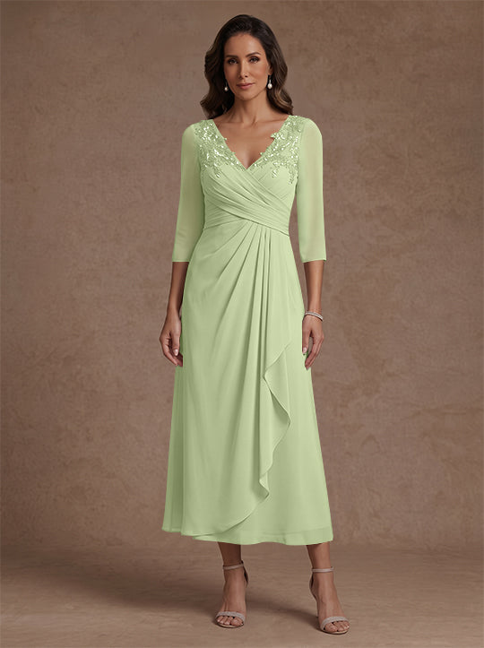 A-Line/Princess V-Neck Chiffon Mother of the Bride Dresses 3/4 Sleeves Lace Tea-Length With Pleated