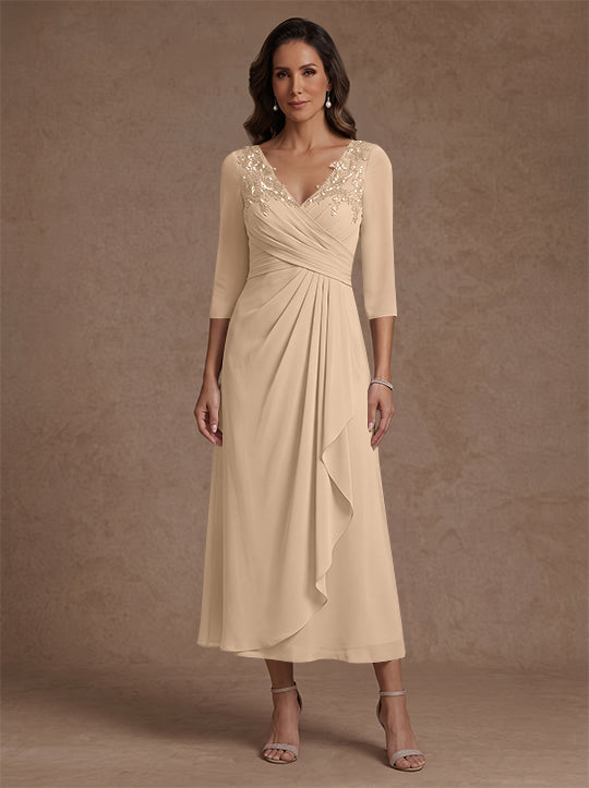 A-Line/Princess V-Neck Chiffon Mother of the Bride Dresses 3/4 Sleeves Lace Tea-Length With Pleated