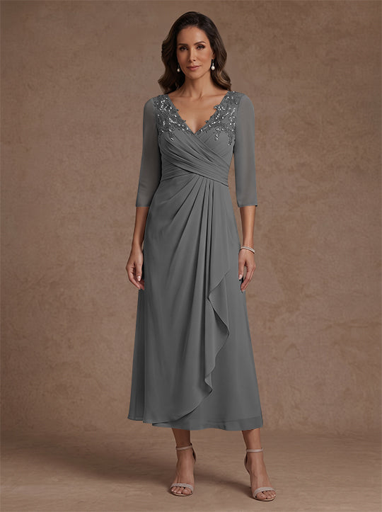 A-Line/Princess V-Neck Chiffon Mother of the Bride Dresses 3/4 Sleeves Lace Tea-Length With Pleated
