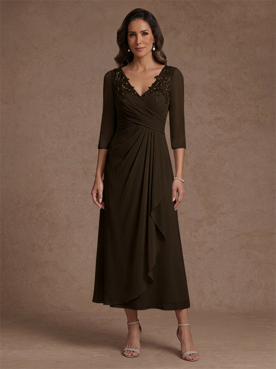 A-Line/Princess V-Neck Chiffon Mother of the Bride Dresses 3/4 Sleeves Lace Tea-Length With Pleated