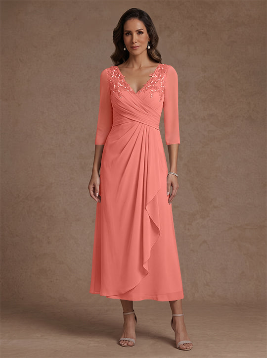 A-Line/Princess V-Neck Chiffon Mother of the Bride Dresses 3/4 Sleeves Lace Tea-Length With Pleated