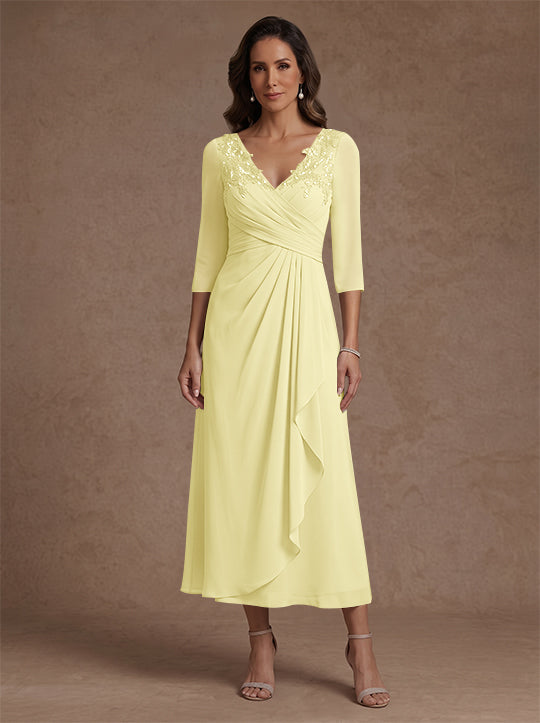 A-Line/Princess V-Neck Chiffon Mother of the Bride Dresses 3/4 Sleeves Lace Tea-Length With Pleated