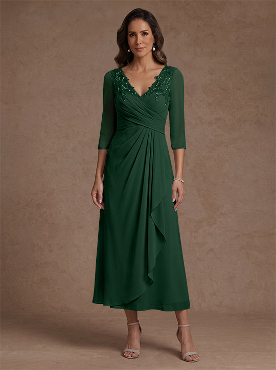 A-Line/Princess V-Neck Chiffon Mother of the Bride Dresses 3/4 Sleeves Lace Tea-Length With Pleated