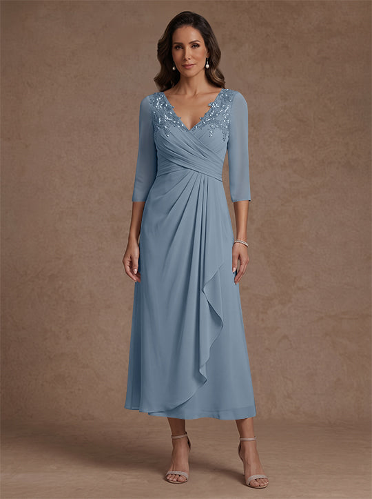 A-Line/Princess V-Neck Chiffon Mother of the Bride Dresses 3/4 Sleeves Lace Tea-Length With Pleated