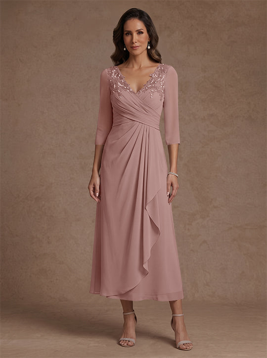 A-Line/Princess V-Neck Chiffon Mother of the Bride Dresses 3/4 Sleeves Lace Tea-Length With Pleated