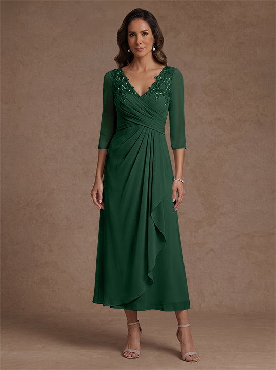 A-Line/Princess V-Neck Chiffon Mother of the Bride Dresses 3/4 Sleeves Lace Tea-Length With Pleated