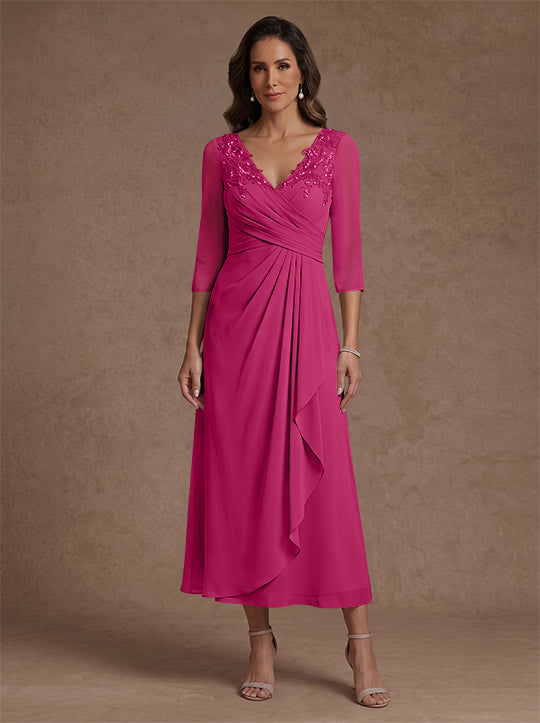 A-Line/Princess V-Neck Chiffon Mother of the Bride Dresses 3/4 Sleeves Lace Tea-Length With Pleated