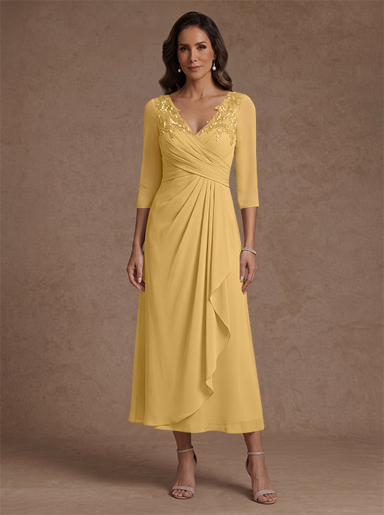 A-Line/Princess V-Neck Chiffon Mother of the Bride Dresses 3/4 Sleeves Lace Tea-Length With Pleated
