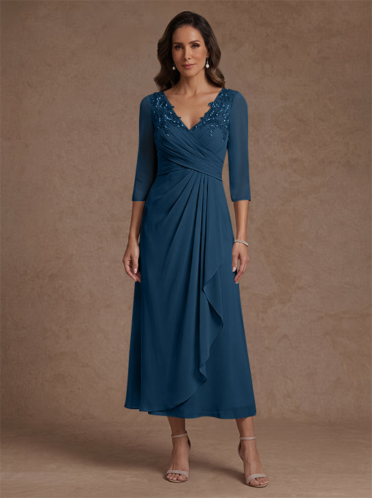 A-Line/Princess V-Neck Chiffon Mother of the Bride Dresses 3/4 Sleeves Lace Tea-Length With Pleated