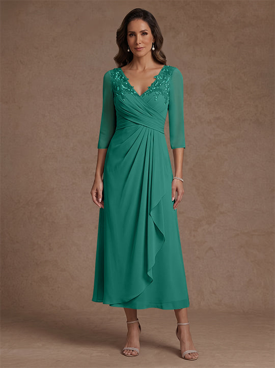 A-Line/Princess V-Neck Chiffon Mother of the Bride Dresses 3/4 Sleeves Lace Tea-Length With Pleated