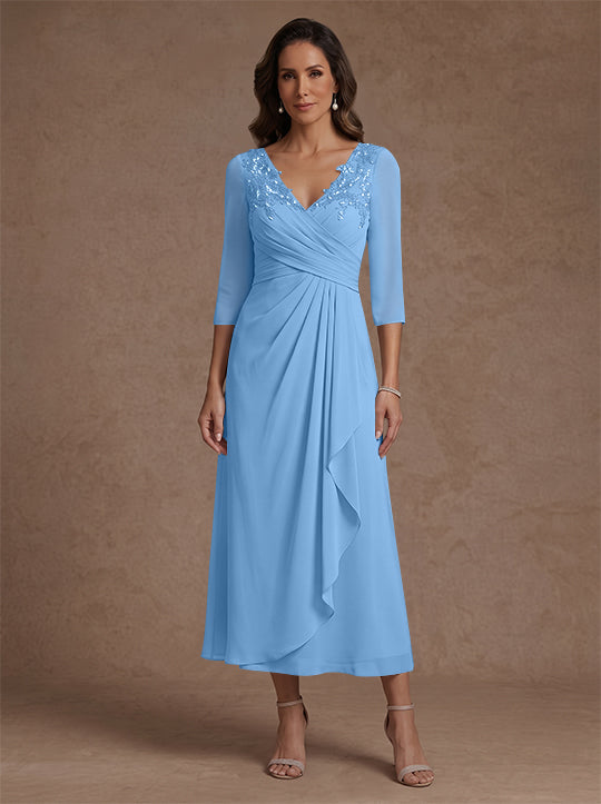 A-Line/Princess V-Neck Chiffon Mother of the Bride Dresses 3/4 Sleeves Lace Tea-Length With Pleated