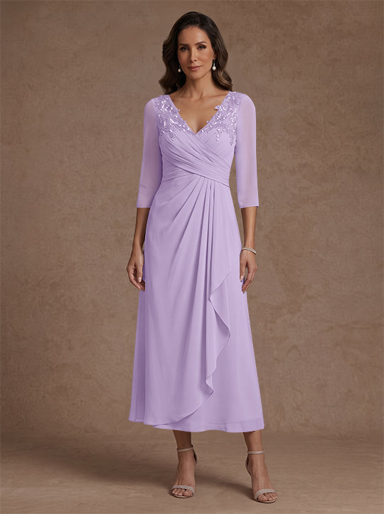 A-Line/Princess V-Neck Chiffon Mother of the Bride Dresses 3/4 Sleeves Lace Tea-Length With Pleated