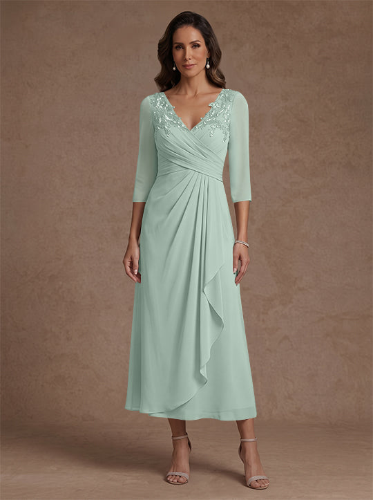 A-Line/Princess V-Neck Chiffon Mother of the Bride Dresses 3/4 Sleeves Lace Tea-Length With Pleated