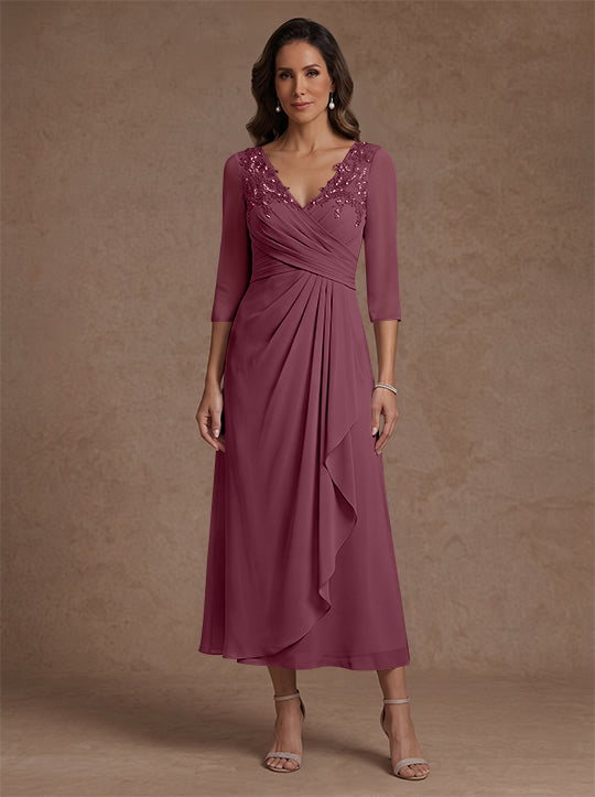 A-Line/Princess V-Neck Chiffon Mother of the Bride Dresses 3/4 Sleeves Lace Tea-Length With Pleated
