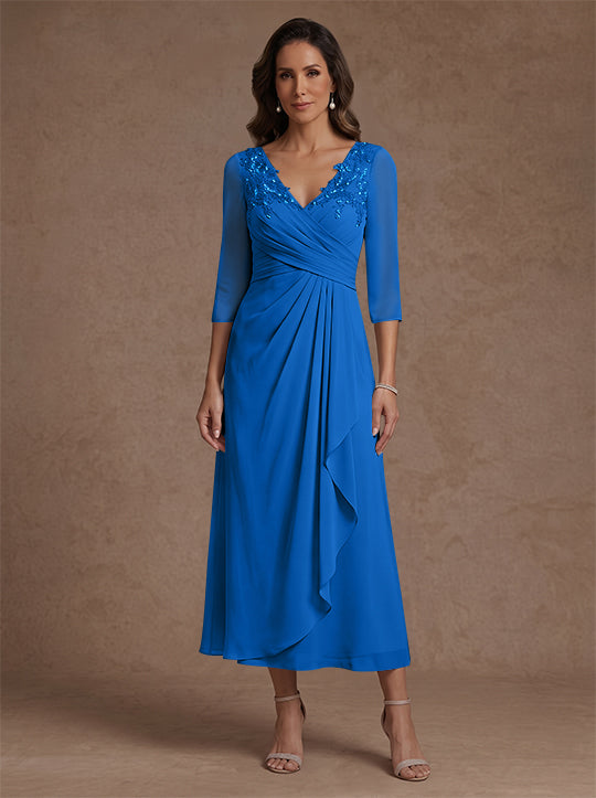 A-Line/Princess V-Neck Chiffon Mother of the Bride Dresses 3/4 Sleeves Lace Tea-Length With Pleated