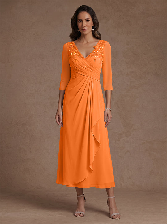 A-Line/Princess V-Neck Chiffon Mother of the Bride Dresses 3/4 Sleeves Lace Tea-Length With Pleated
