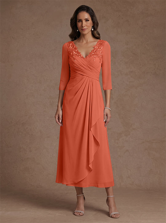 A-Line/Princess V-Neck Chiffon Mother of the Bride Dresses 3/4 Sleeves Lace Tea-Length With Pleated