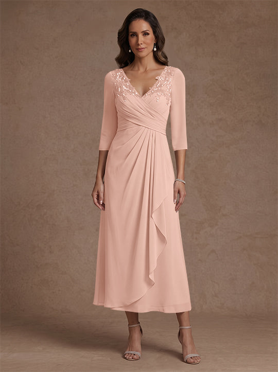 A-Line/Princess V-Neck Chiffon Mother of the Bride Dresses 3/4 Sleeves Lace Tea-Length With Pleated