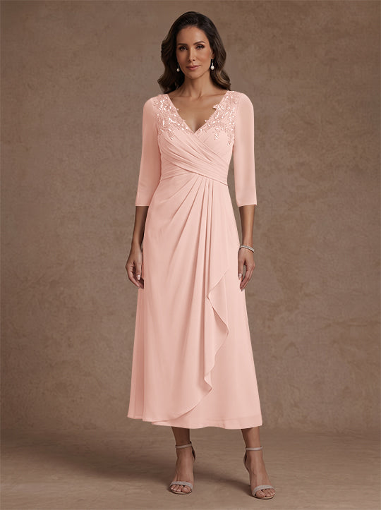 A-Line/Princess V-Neck Chiffon Mother of the Bride Dresses 3/4 Sleeves Lace Tea-Length With Pleated