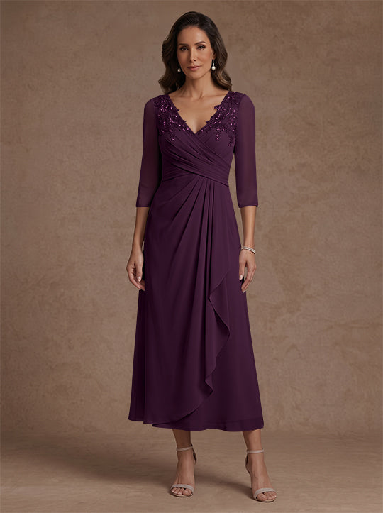 A-Line/Princess V-Neck Chiffon Mother of the Bride Dresses 3/4 Sleeves Lace Tea-Length With Pleated