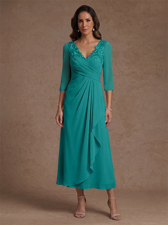 A-Line/Princess V-Neck Chiffon Mother of the Bride Dresses 3/4 Sleeves Lace Tea-Length With Pleated