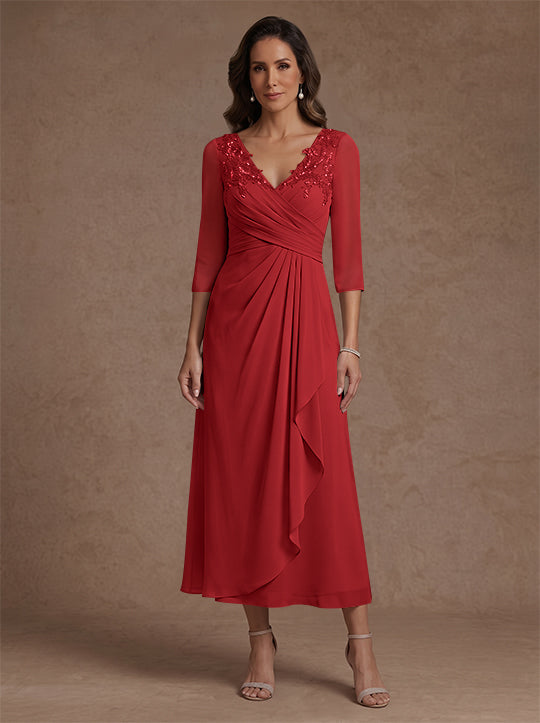 A-Line/Princess V-Neck Chiffon Mother of the Bride Dresses 3/4 Sleeves Lace Tea-Length With Pleated