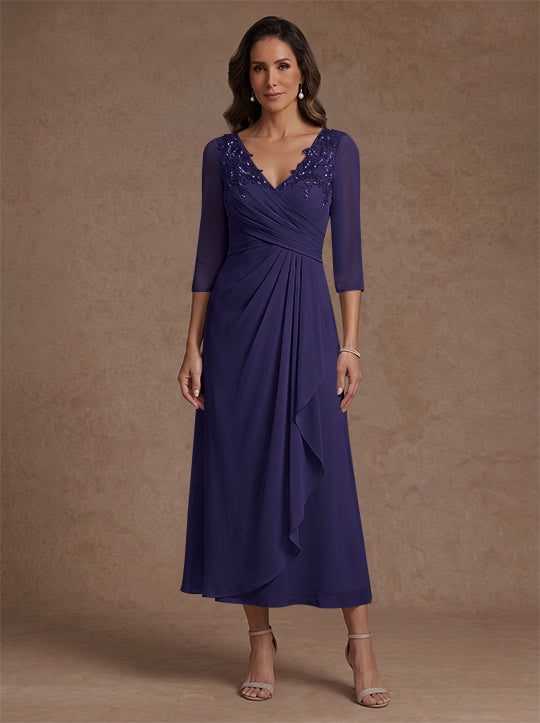 A-Line/Princess V-Neck Chiffon Mother of the Bride Dresses 3/4 Sleeves Lace Tea-Length With Pleated