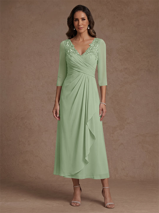 A-Line/Princess V-Neck Chiffon Mother of the Bride Dresses 3/4 Sleeves Lace Tea-Length With Pleated