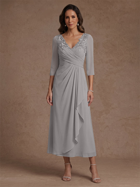 A-Line/Princess V-Neck Chiffon Mother of the Bride Dresses 3/4 Sleeves Lace Tea-Length With Pleated