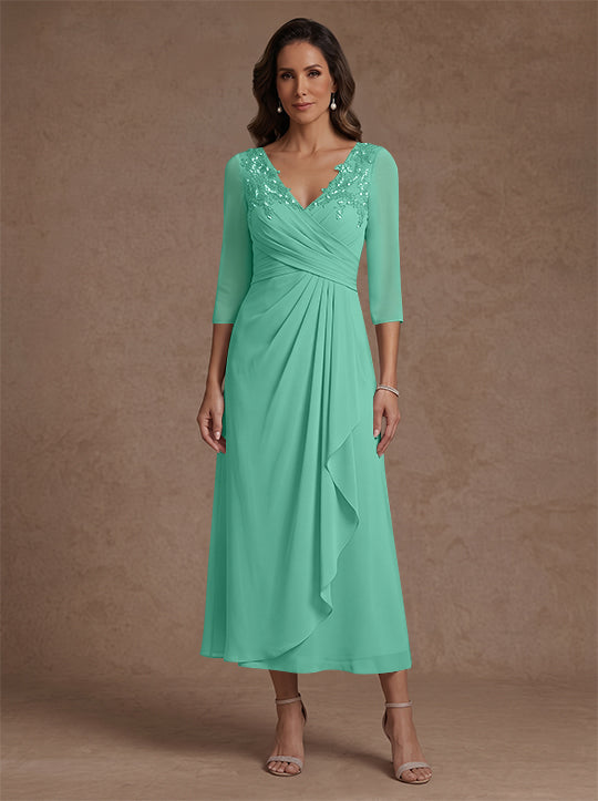 A-Line/Princess V-Neck Chiffon Mother of the Bride Dresses 3/4 Sleeves Lace Tea-Length With Pleated