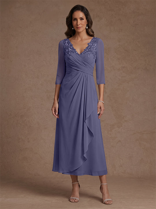 A-Line/Princess V-Neck Chiffon Mother of the Bride Dresses 3/4 Sleeves Lace Tea-Length With Pleated
