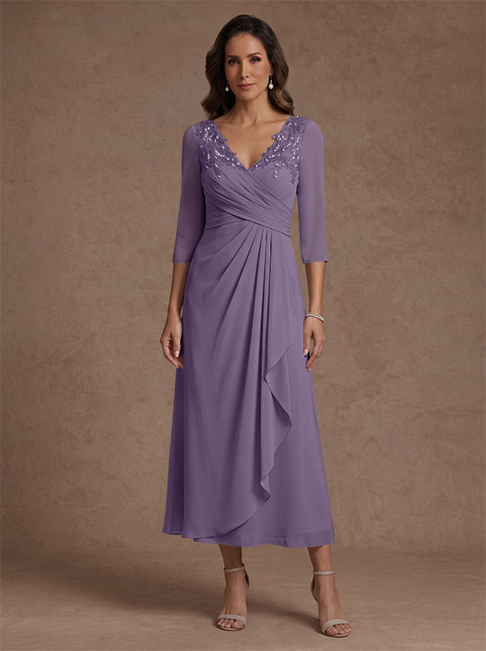 A-Line/Princess V-Neck Chiffon Mother of the Bride Dresses 3/4 Sleeves Lace Tea-Length With Pleated
