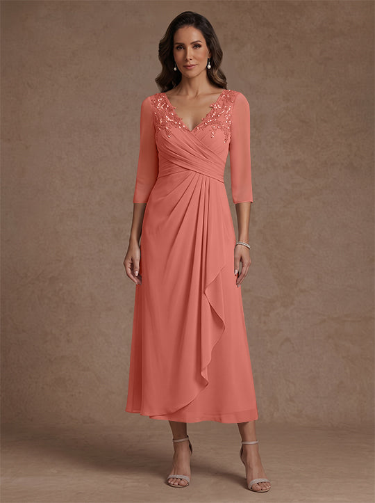 A-Line/Princess V-Neck Chiffon Mother of the Bride Dresses 3/4 Sleeves Lace Tea-Length With Pleated