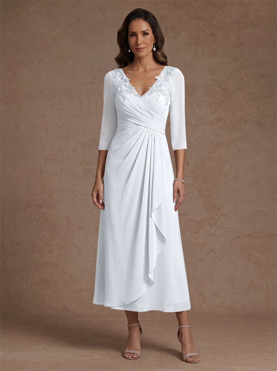 A-Line/Princess V-Neck Chiffon Mother of the Bride Dresses 3/4 Sleeves Lace Tea-Length With Pleated