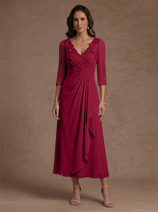 A-Line/Princess V-Neck Chiffon Mother of the Bride Dresses 3/4 Sleeves Lace Tea-Length With Pleated