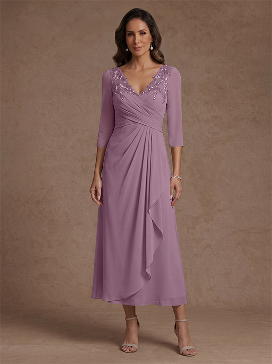 A-Line/Princess V-Neck Chiffon Mother of the Bride Dresses 3/4 Sleeves Lace Tea-Length With Pleated