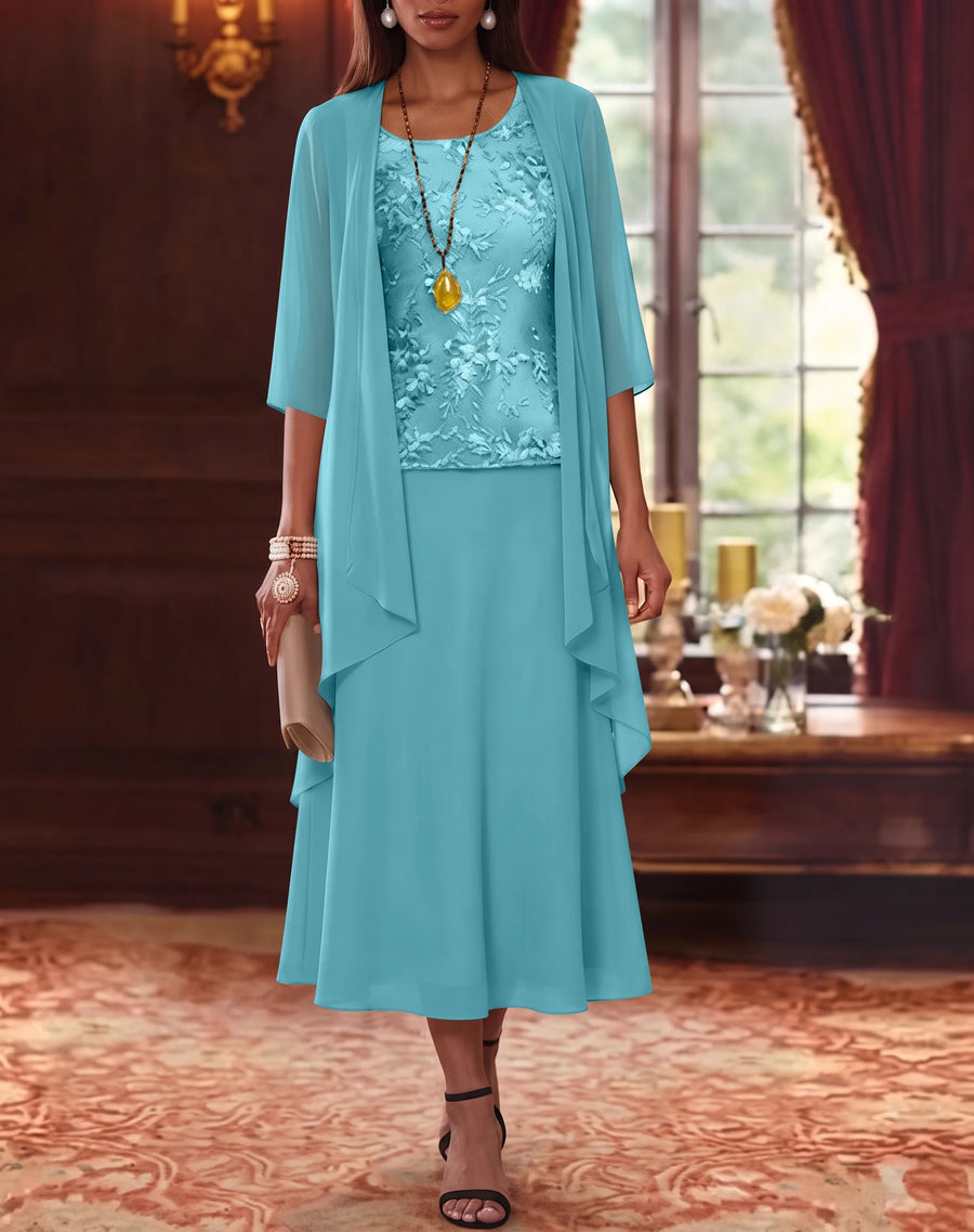 2 Pieces A-Line/Princess Scoop Chiffon Mother of the Bride Dresses with Jacket 3/4 Sleeves Tea-Length Lace