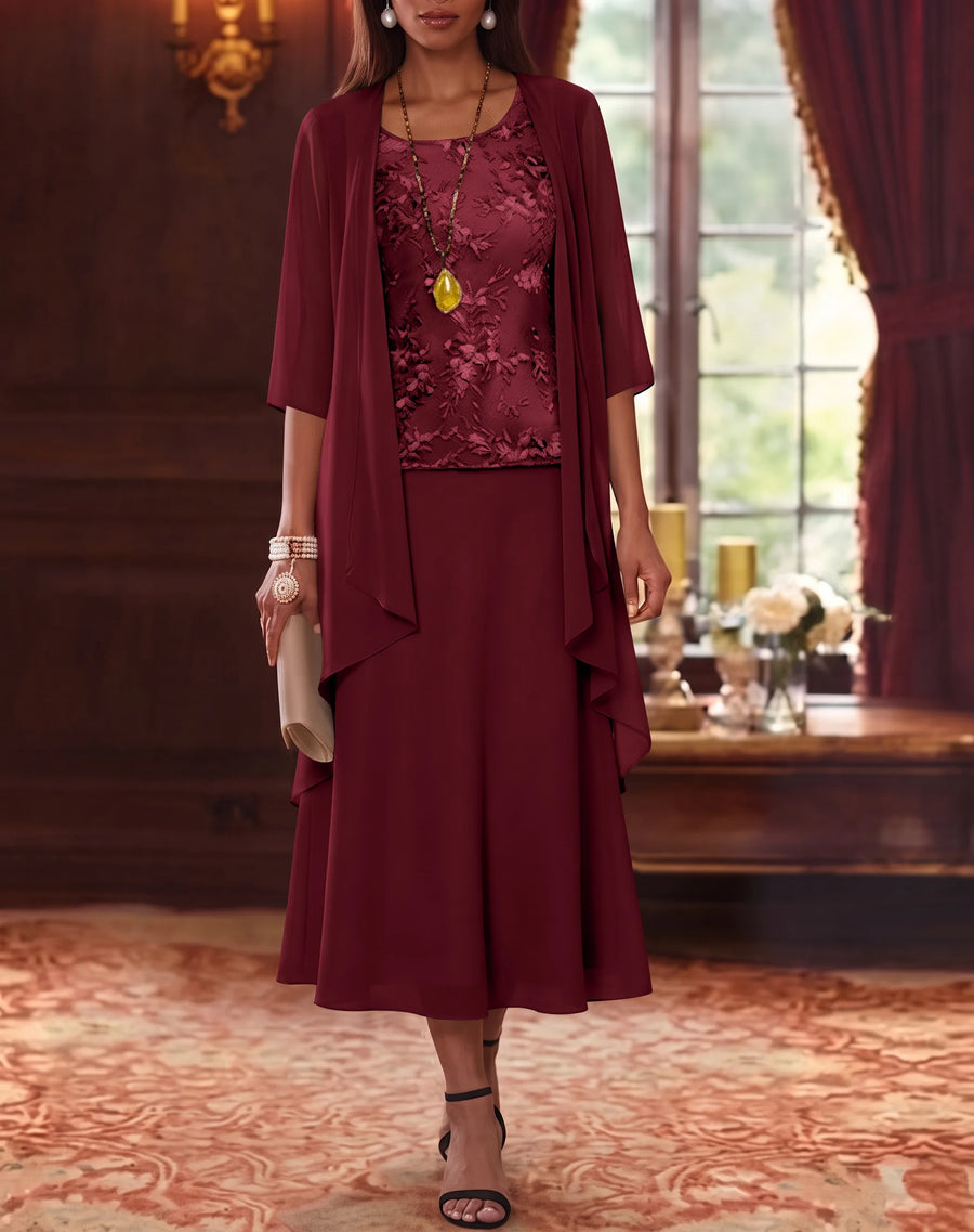 2 Pieces A-Line/Princess Scoop Chiffon Mother of the Bride Dresses with Jacket 3/4 Sleeves Tea-Length Lace