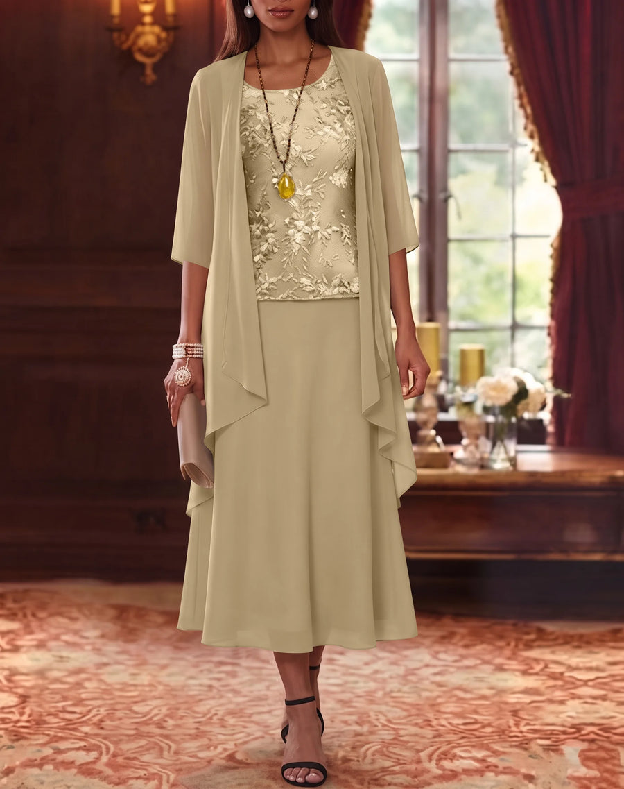 2 Pieces A-Line/Princess Scoop Chiffon Mother of the Bride Dresses with Jacket 3/4 Sleeves Tea-Length Lace
